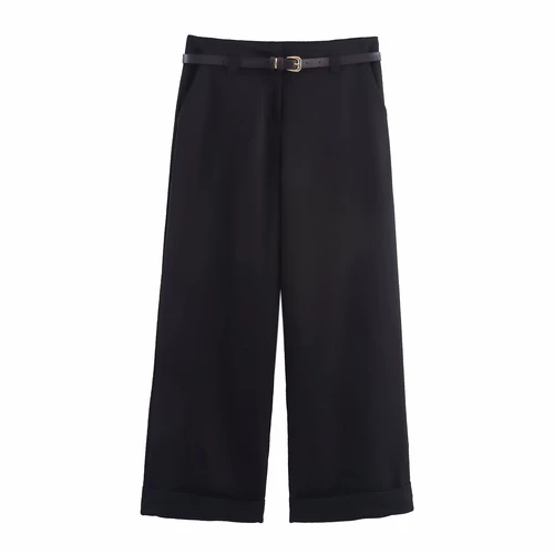 Women's Casual Cropped Pants with Belt - Stylish High Waist KUN-00005