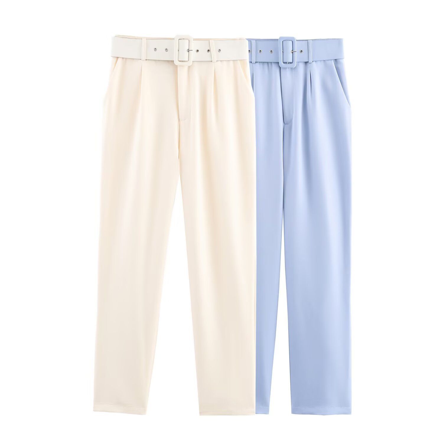 Dames casual broek met hoge taille, rechte pijpen en riem KUN-00009