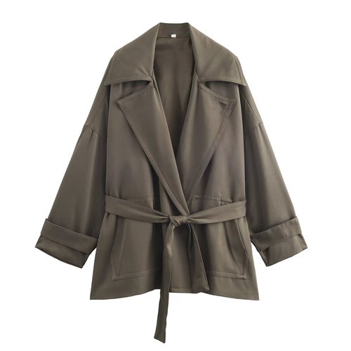 Damen-Trenchcoat- und Hosen-Set mit weitem Bein – fließender Schnitt mit Gürtel KUN-00101