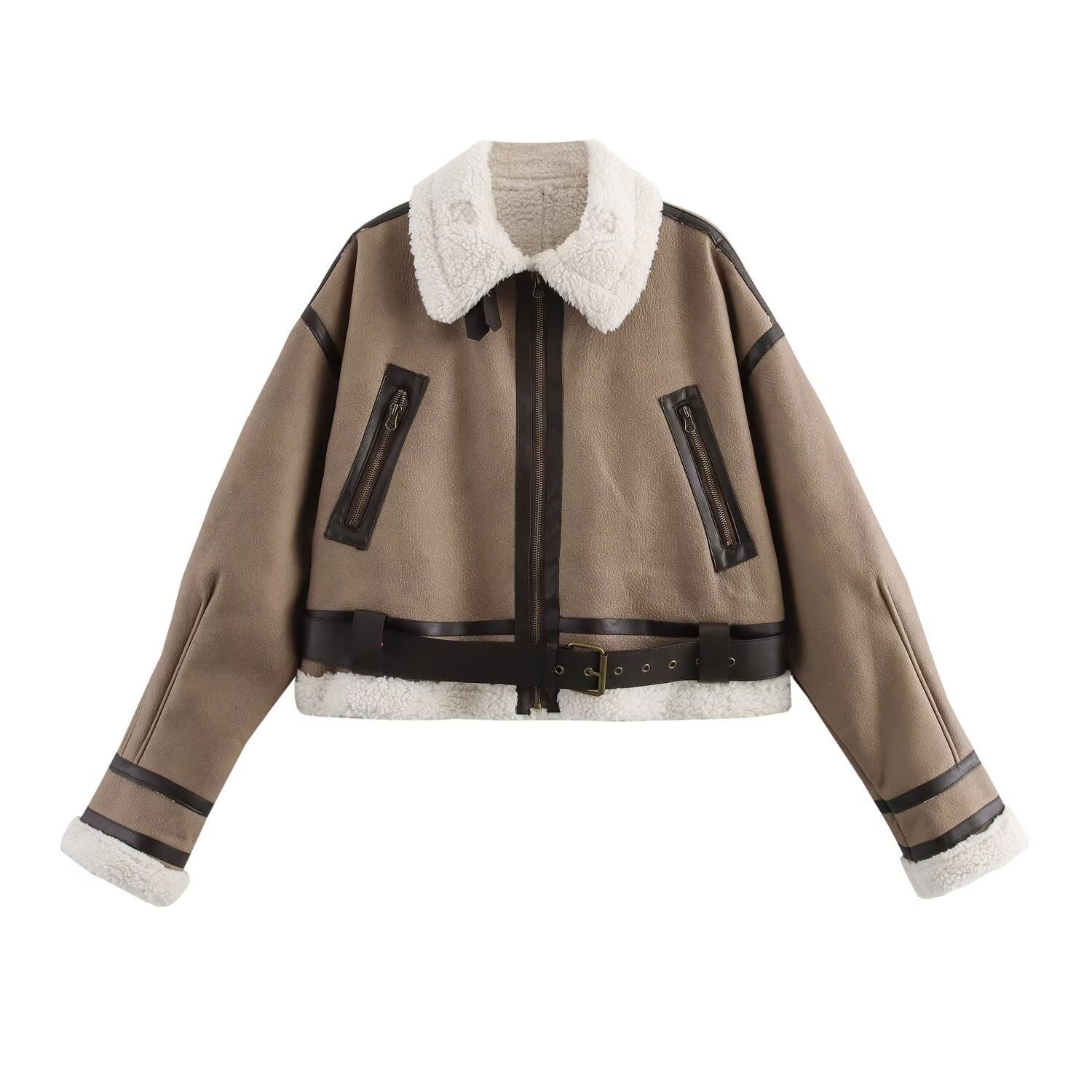 Faux Shearling Cropped Jacket - Retro Style KUN-00048