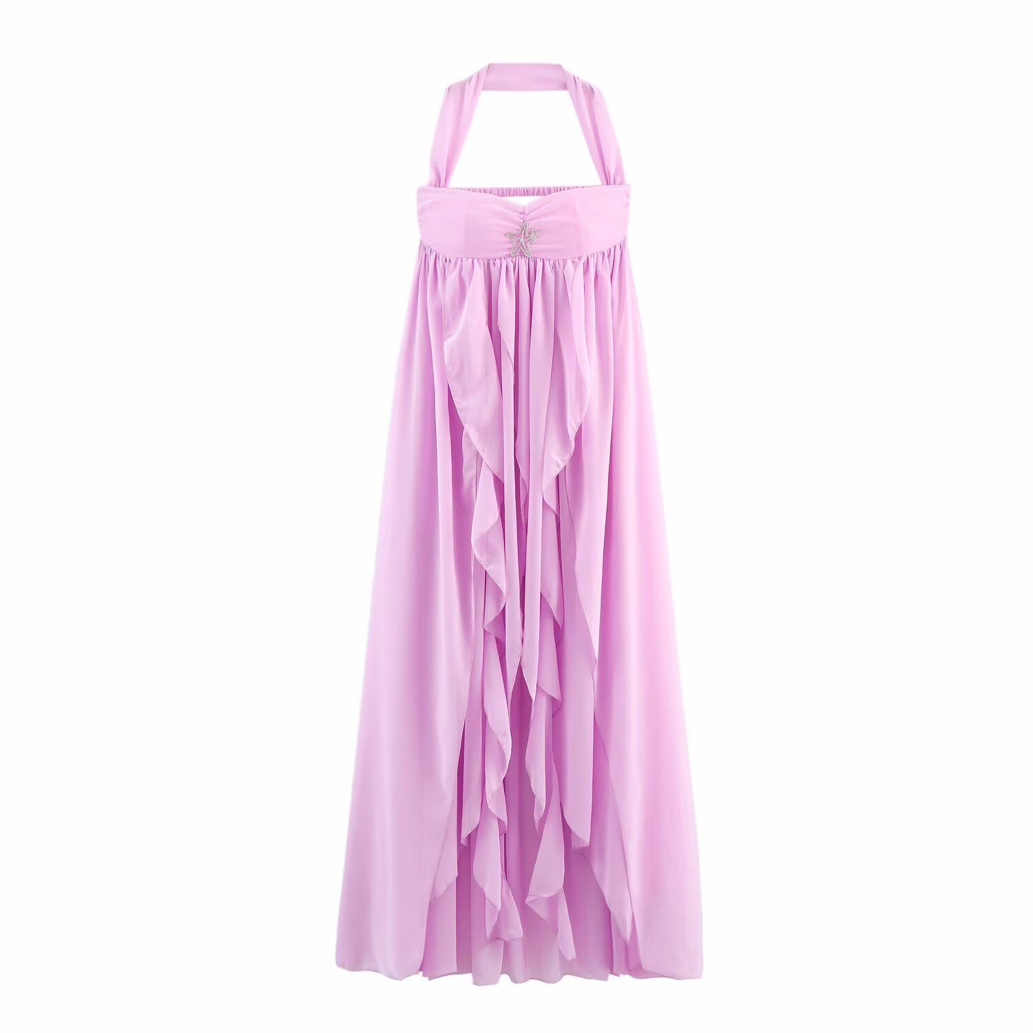 Chiffon Maxi Dress - Backless Halter Irregular Pleated KUN-00114