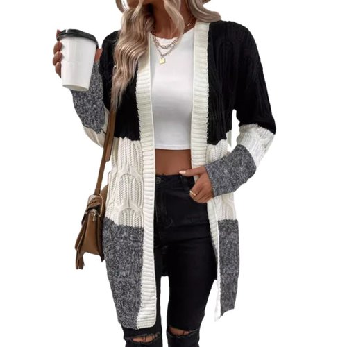 Cardigan lavorato a maglia, maglione a trecce grosse, aperto sul davanti