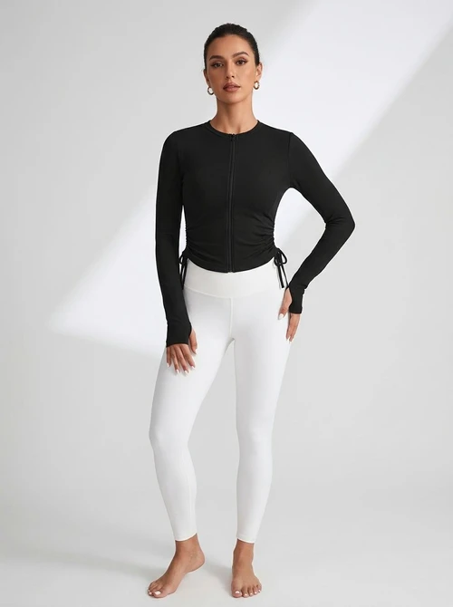 Veste de yoga décontractée pour femme, coupe ajustée, en forme de S, avec cordon de serrage et séchage rapide.