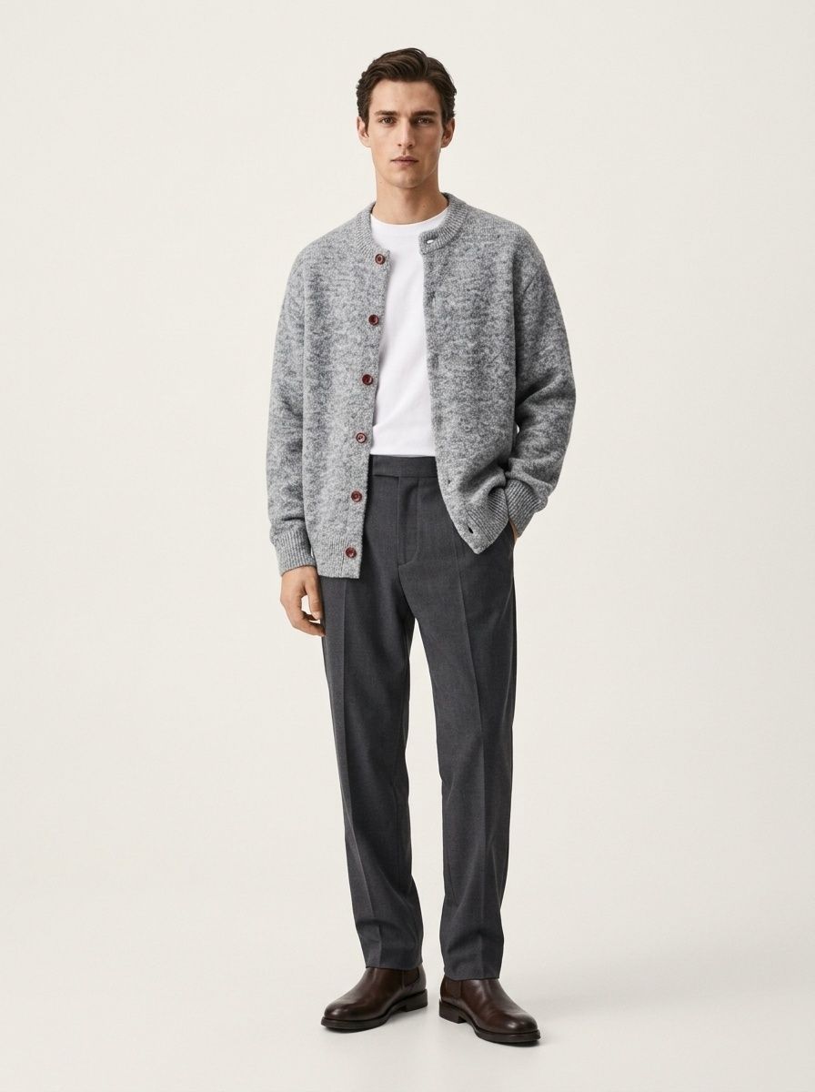 Oversized Crewneck Button-Front Knit Cardigan Sweater
