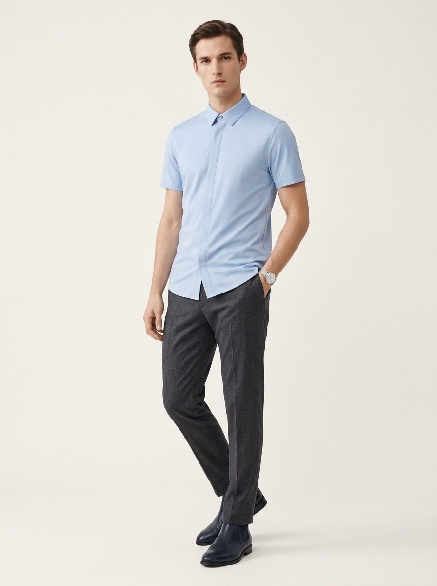 Men's Short Sleeve Hidden Placket Collared Shirt