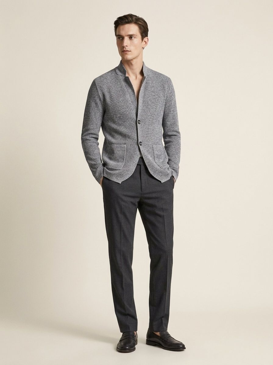 Men's Stand Collar Knit Blazer Cardigan Jacket