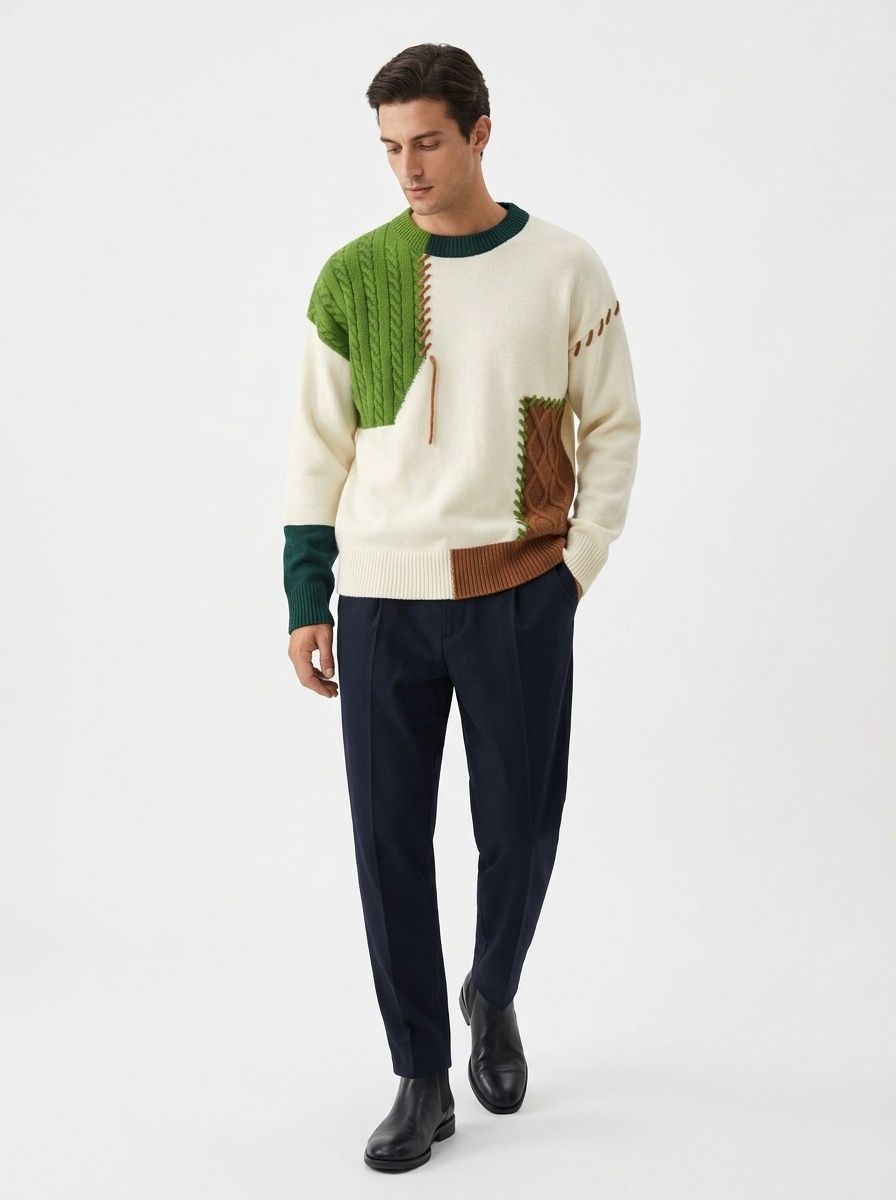 Men's Colorblock Patchwork Cable Knit Crewneck Sweater