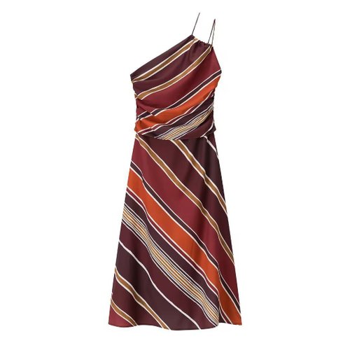 Striped Midi Dress Asymmetrical Elegant KUN-00074