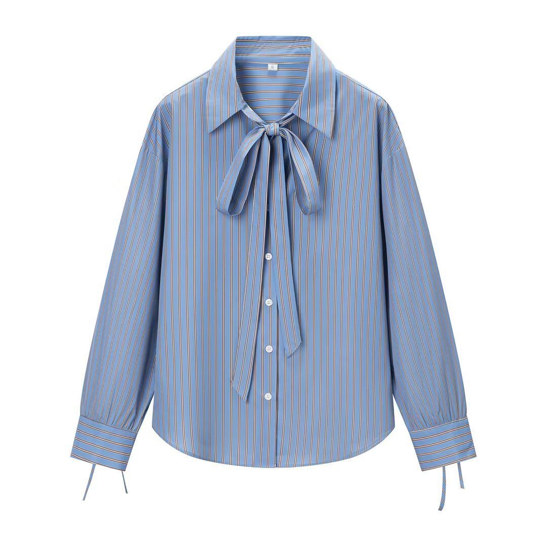 Striped Bow Tie Blouse - Trendy Women's Shirt KUN-00018