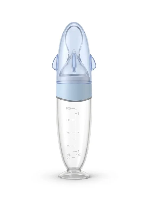 MISUTA Biberon con cucchiaio dosatore per alimenti per neonati, 100 ml, in morbido silicone, con coperchio antipolvere, senza BPA.