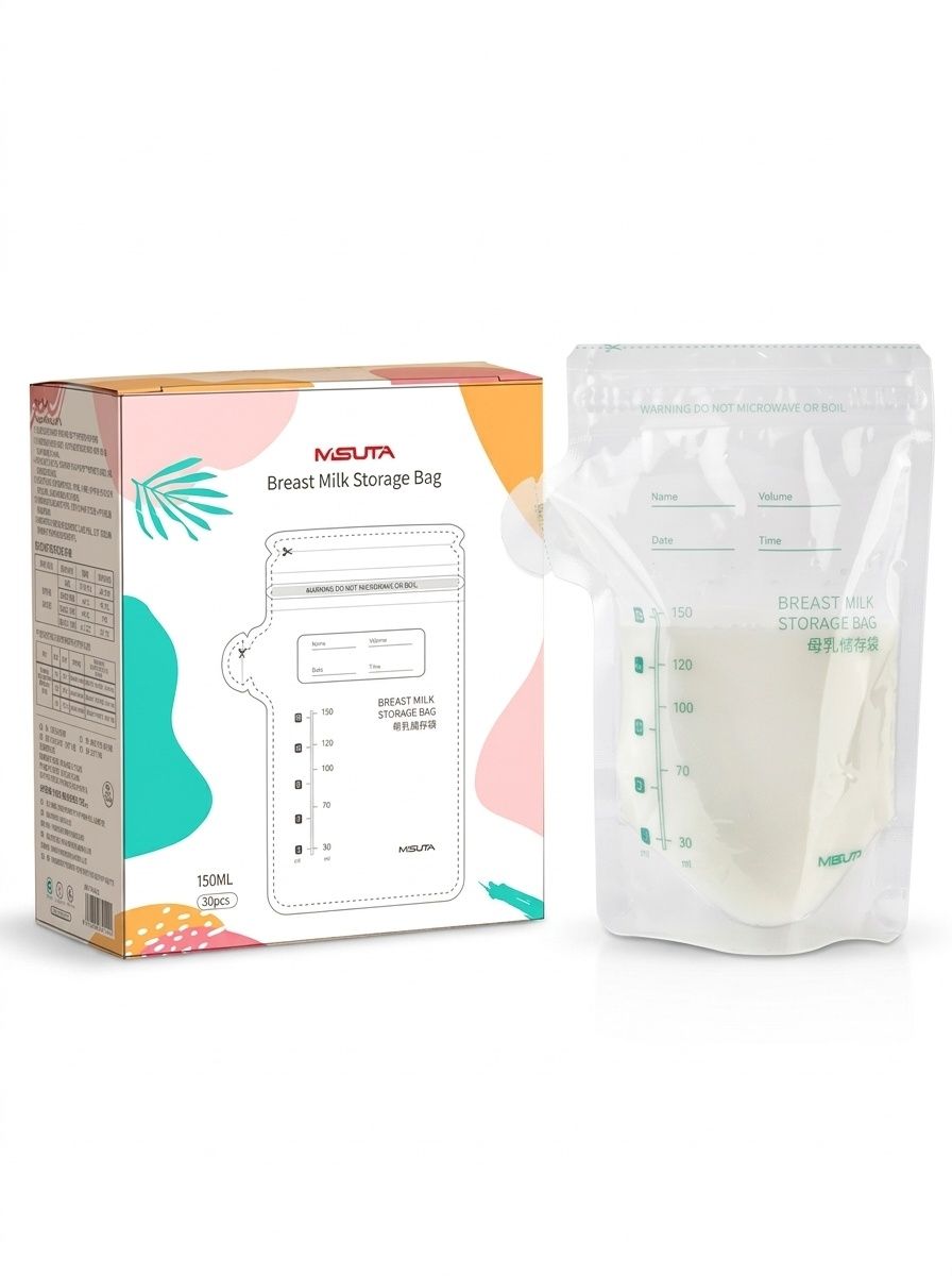 MISUTA Sacchetti per la conservazione del latte materno, pre-sterilizzati, autoportanti, con doppia chiusura a zip, a prova di perdite, adatti al congelatore (confezione da 30, 200 ml)