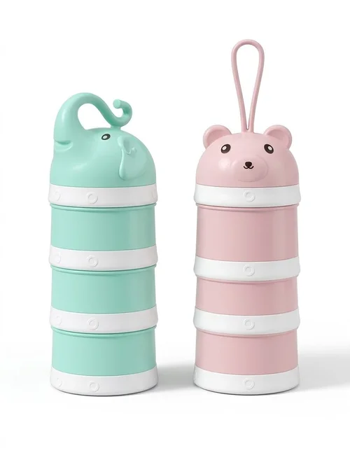 Dispenser impilabile per latte artificiale MISUTA, contenitore portatile a 3 livelli per latte in polvere e snack con beccuccio a imbuto.