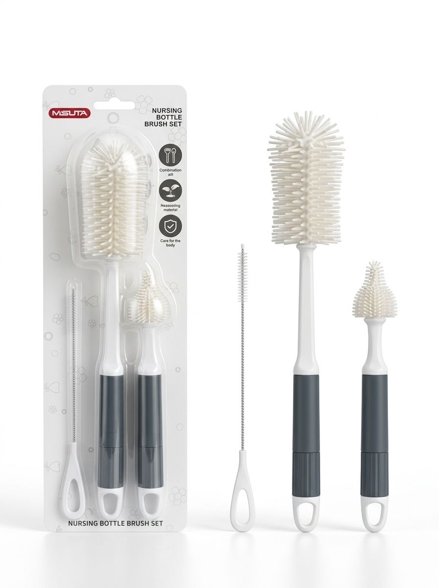 Set di 3 spazzolini in silicone per biberon MISUTA, pulitore antigraffio con spazzolino per tettarelle e spazzolino per cannucce, manico lungo.