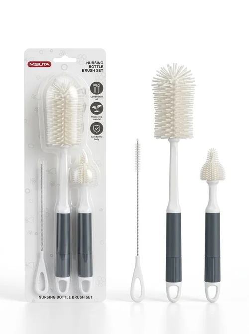Set di 3 spazzolini in silicone per biberon MISUTA, pulitore antigraffio con spazzolino per tettarelle e spazzolino per cannucce, manico lungo.