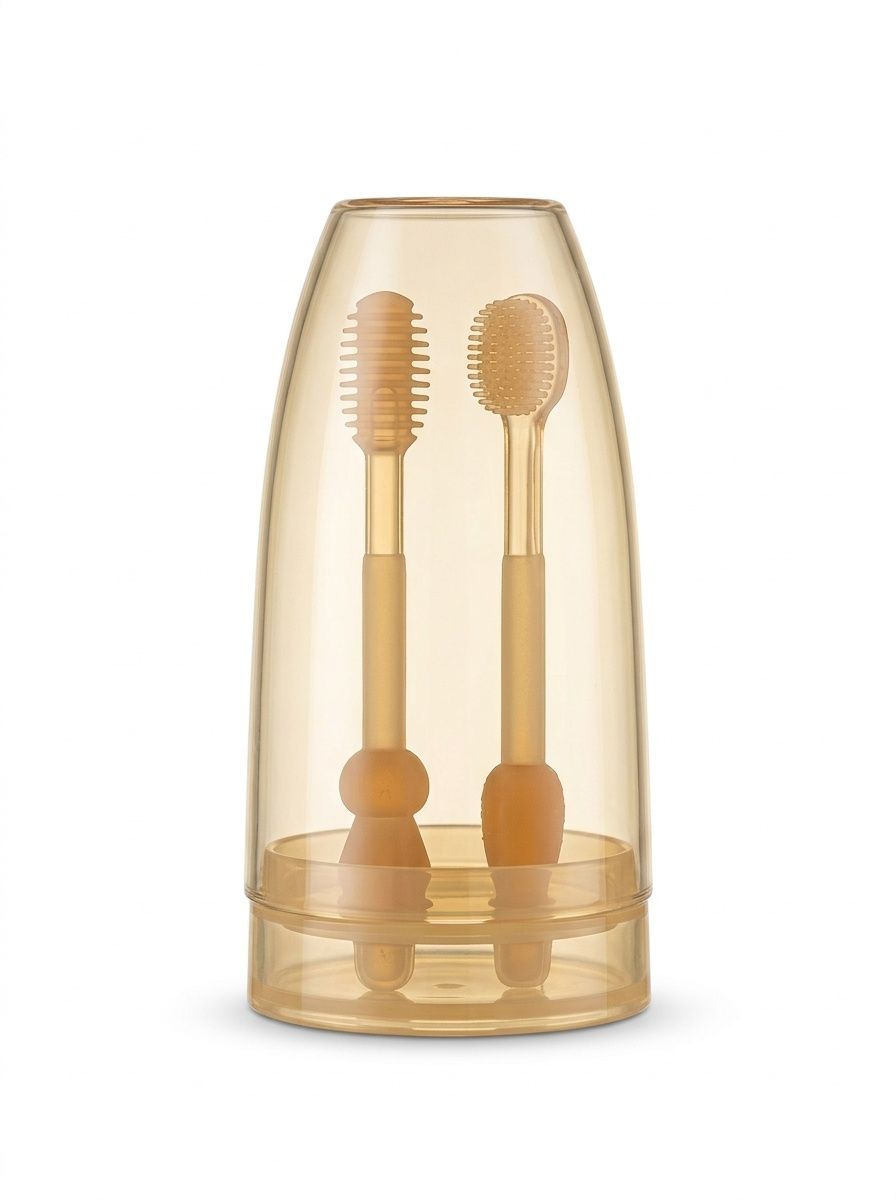 Set per l'igiene orale del bambino MISUTA, composto da 2 pezzi: raschietto per la lingua in morbido silicone e primo spazzolino da denti con bicchiere antipolvere (0-18 mesi)