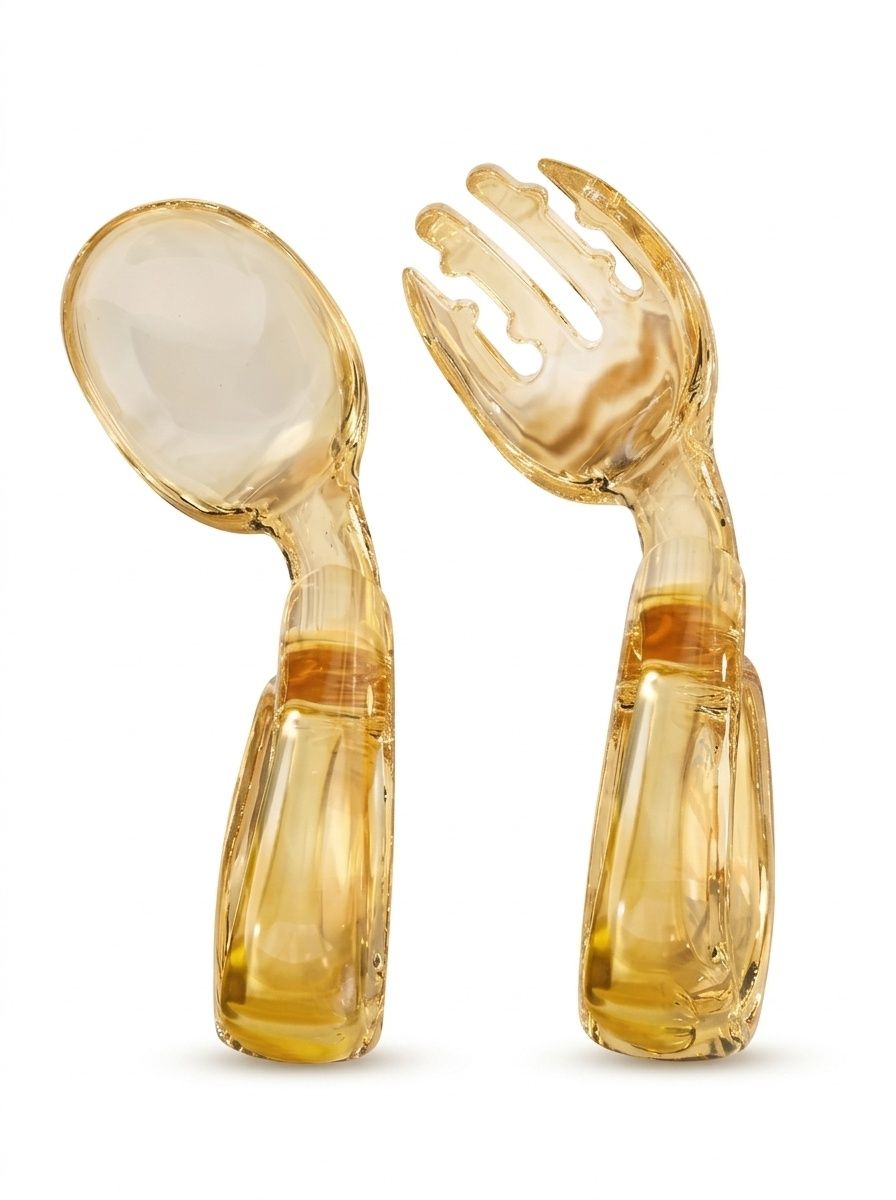 Set di forchetta e cucchiaio per bambini MISUTA Gold in PPSU con custodia da viaggio, utensili ergonomici per l'autoalimentazione dei bambini dai 12 mesi in su.