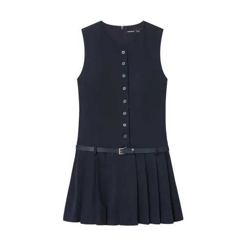 Women's Pleated Blazer Dress - Belted Low Waist V-Neck KUN-00034