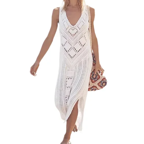 Knitted V-Neck Sweater Dress Beach Vacation