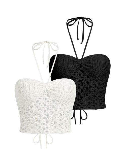 Conjunto de dos piezas con top corto y cuello halter - Blanco y negro SSU-00002