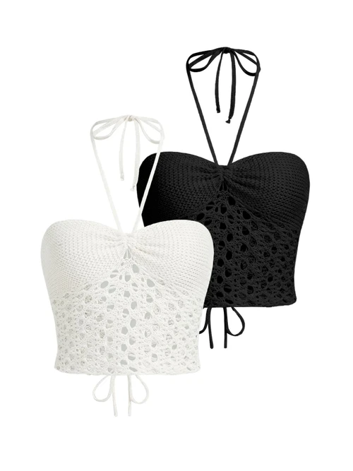 Two-Piece Halter Crop Top Set - White & Black SSU-00002