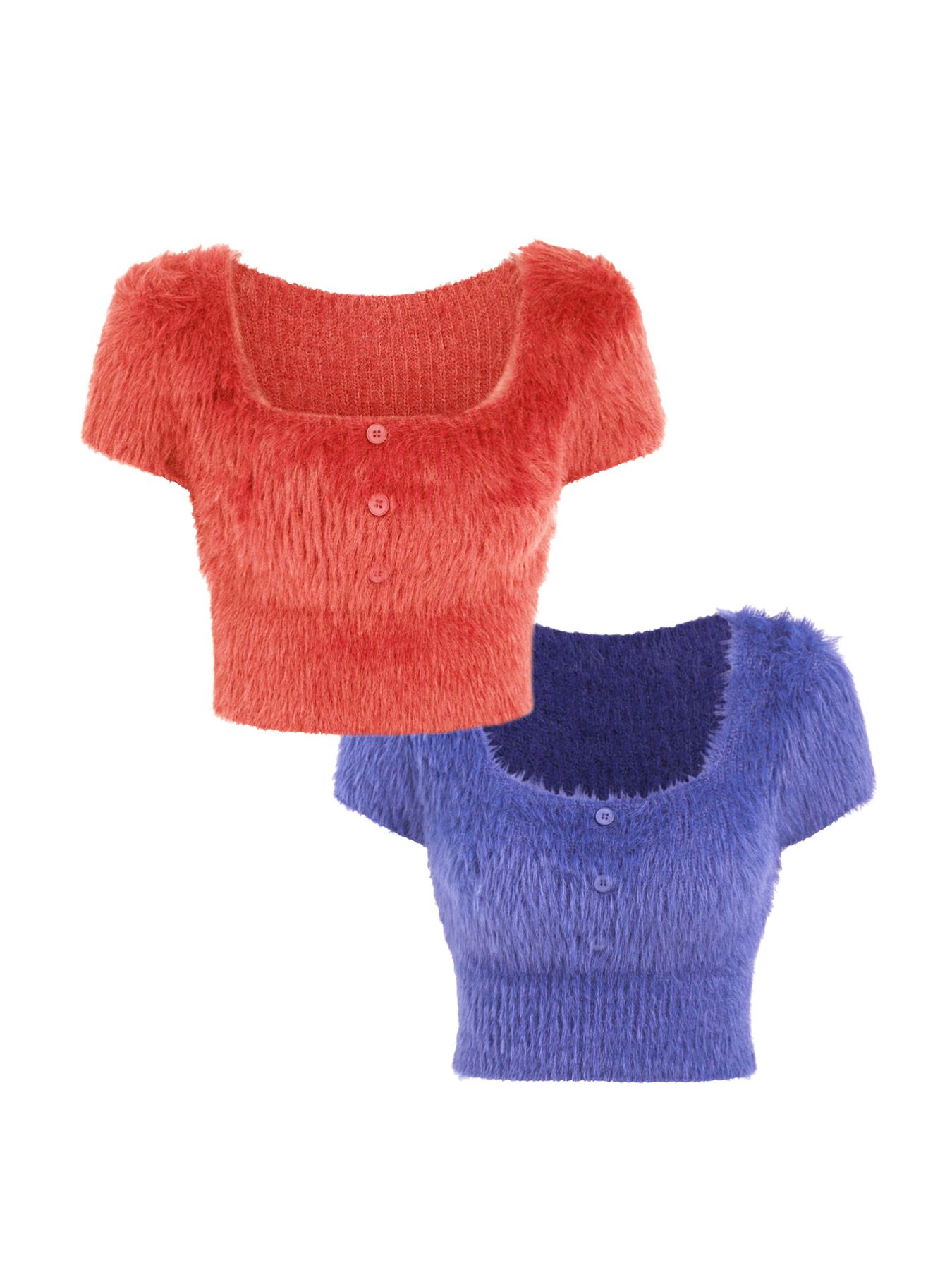 Square Neck Knit Short Sleeve Two-Piece Set (Red+Blue) Summer SSU-00009