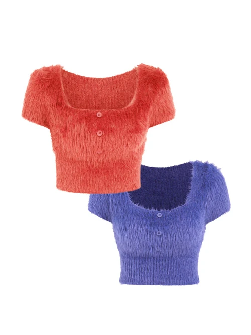 Square Neck Knit Short Sleeve Two-Piece Set (Red+Blue) Summer SSU-00009