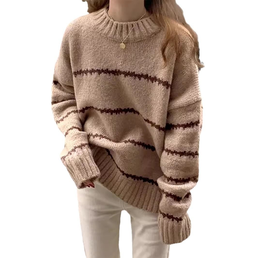 Cotton Knit Sweater Women's Crewneck Long Sleeve Loose Fit Pullover SSU-00118