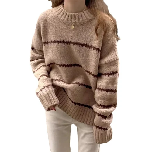 Cotton Knit Sweater Women's Crewneck Long Sleeve Loose Fit Pullover SSU-00118