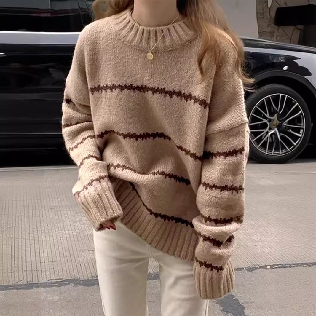 Cotton Knit Sweater Women's Crewneck Long Sleeve Loose Fit Pullover SSU-00118