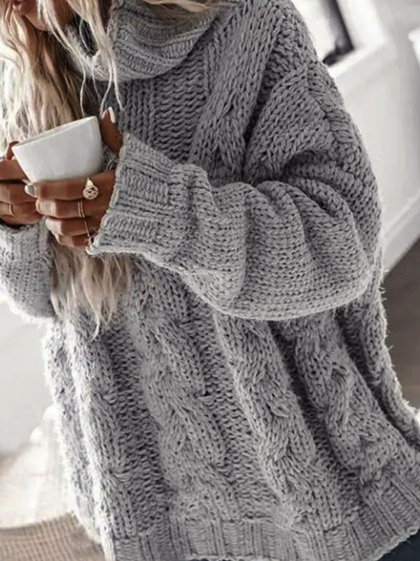 Maglione a collo alto lavorato a maglia con trecce, autunno/primavera SSU-00071