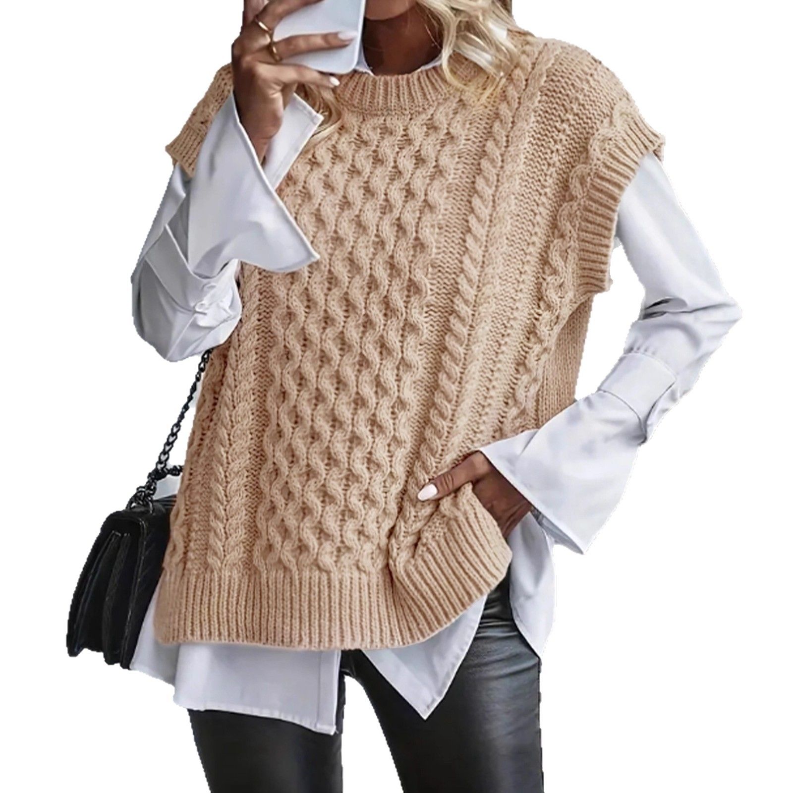 Knit Vest Women Cable Knit Sleeveless Tank Top Crewneck SSU-00037