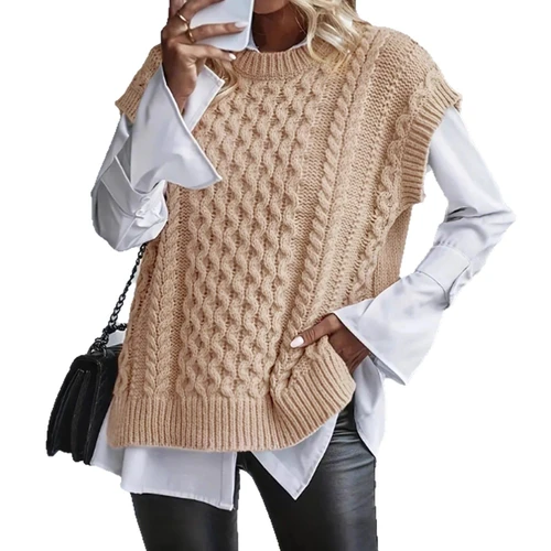 Knit Vest Women Cable Knit Sleeveless Tank Top Crewneck SSU-00037