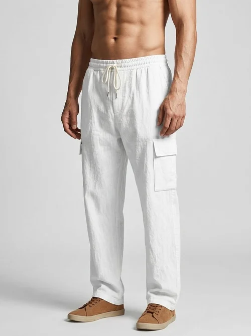Pantalon cargo en lin pour homme - Pantalon de plage à cordon