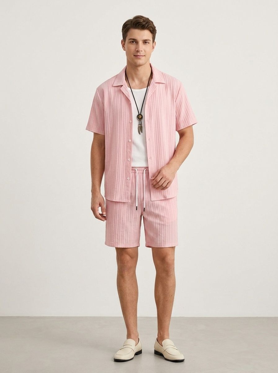 Men's Casual Ribbed Shirt & Shorts Set - Summer Outfit