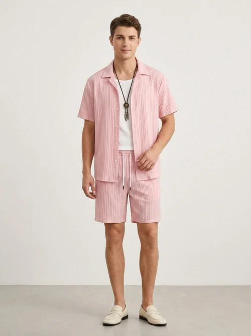 Men's Casual Ribbed Shirt & Shorts Set - Summer Outfit