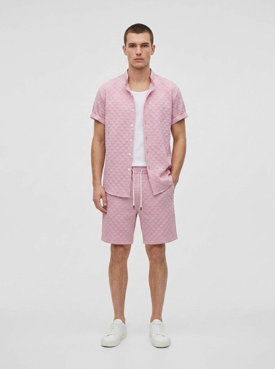 Men's Textured Checkered Shirt & Shorts Set - Casual Summer