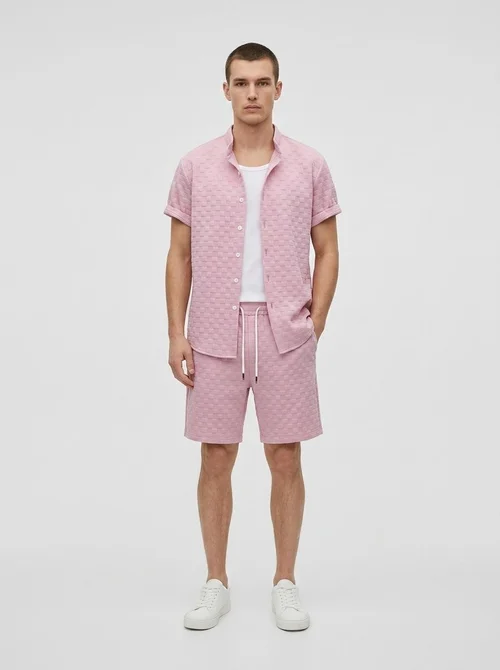 Men's Textured Checkered Shirt & Shorts Set - Casual Summer