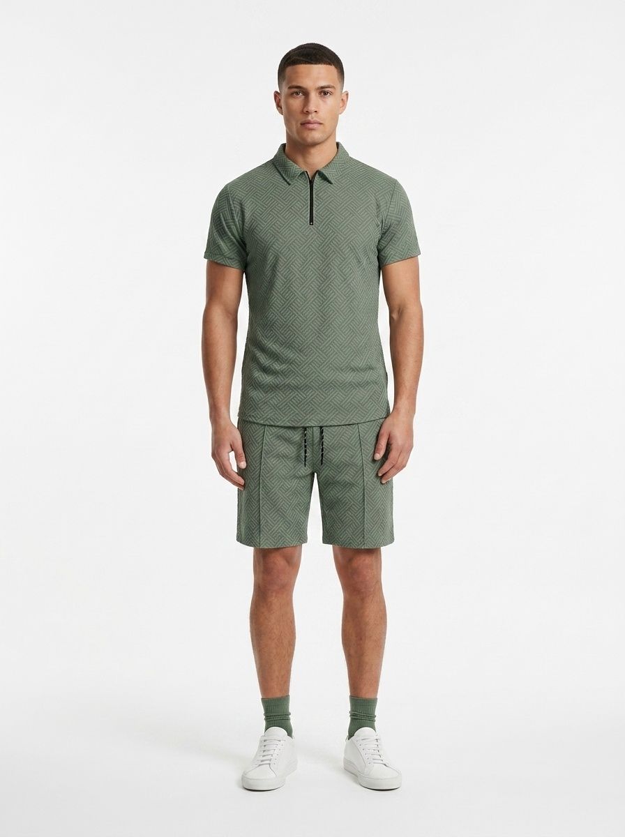Men's Geometric Pattern Polo Shirt & Shorts Set - Casual Summer