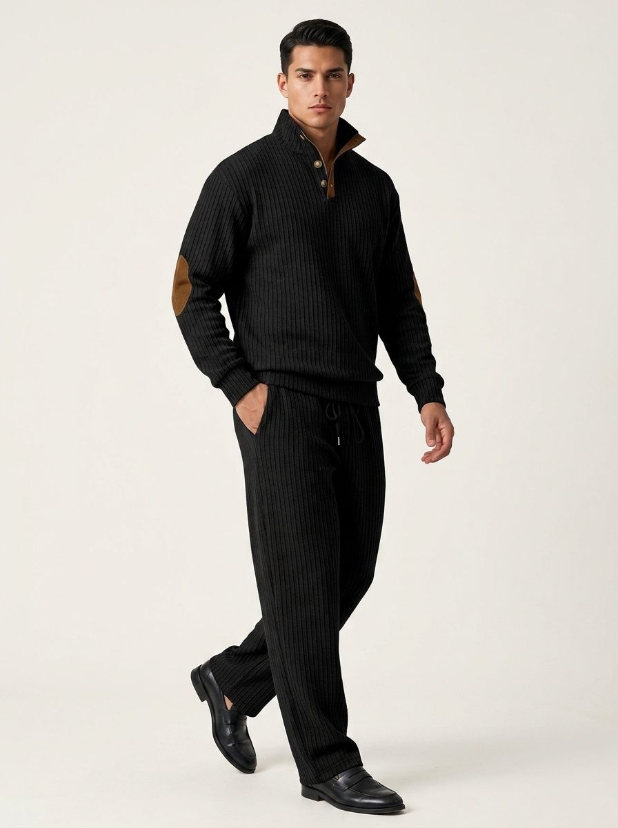 Men Ribbed Knit Half-Zip Pullover and Pants Set