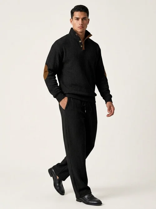 Men Ribbed Knit Half-Zip Pullover and Pants Set