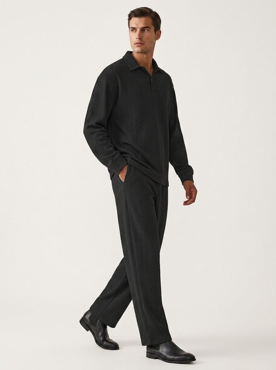 Men Textured Polo Shirt and Pants Set
