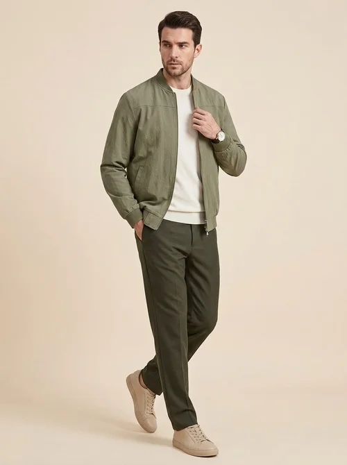 Men's Full-Zip Bomber Jacket with Ribbed Trim