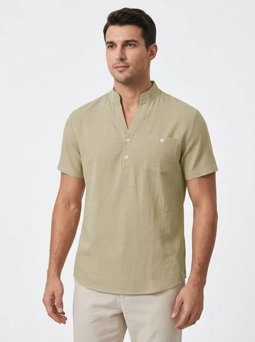 Chemise Henley décontractée en lin mélangé à manches courtes pour homme