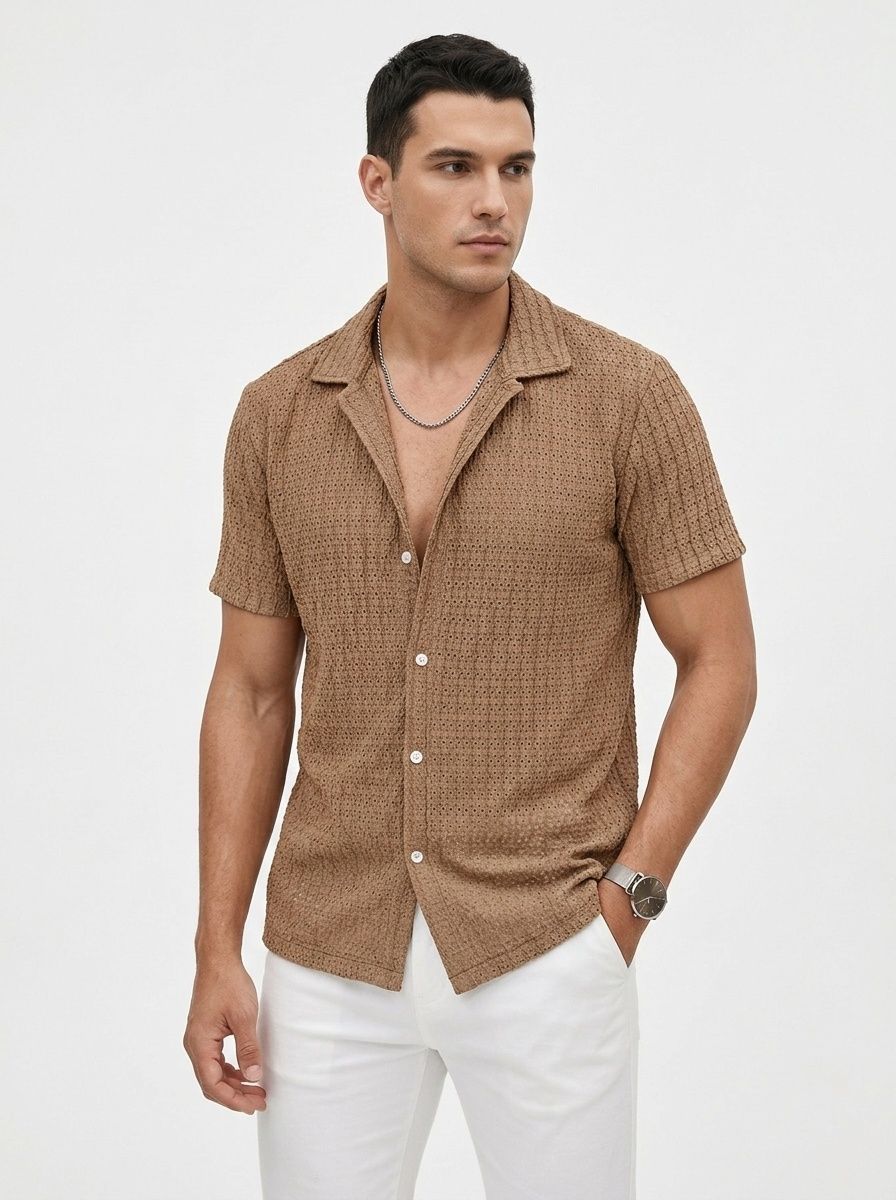 Men's Textured Knit Short Sleeve Button Up Shirt