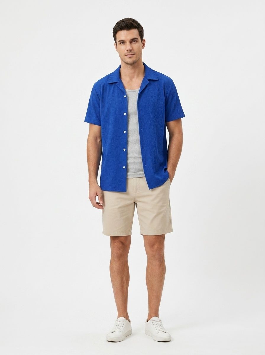 Men's Textured Cuban Collar Short Sleeve Button Up Shirt