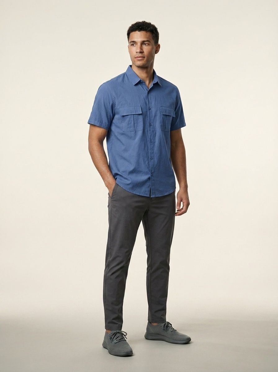 Men's Casual Short Sleeve Button Up Blend Shirt