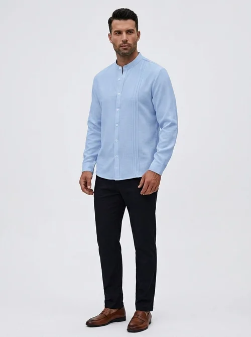 Men's Band Collar Pleated Casual Shirt Long Sleeve