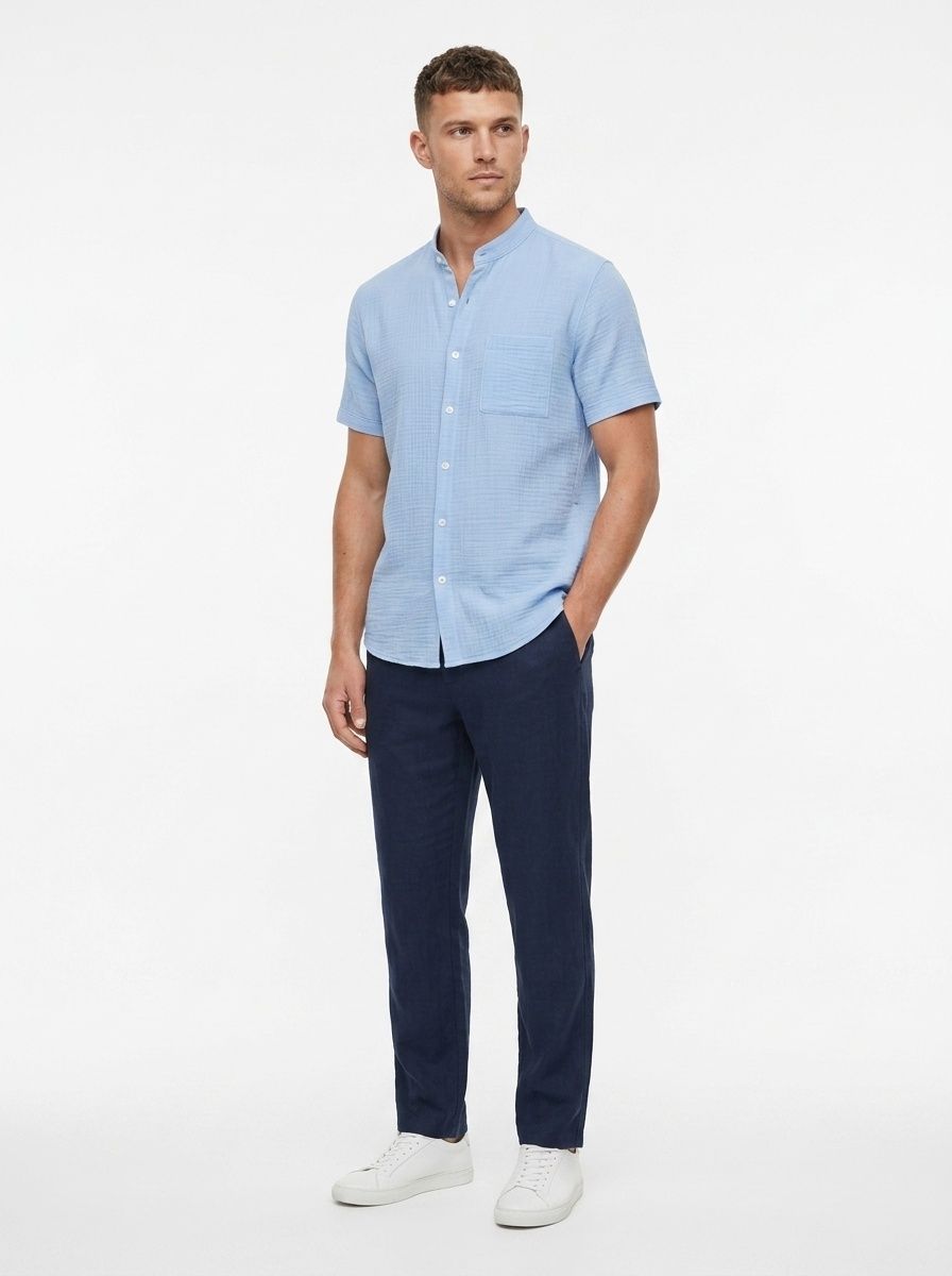 Men's Casual Blend Short Sleeve Band Collar Shirt