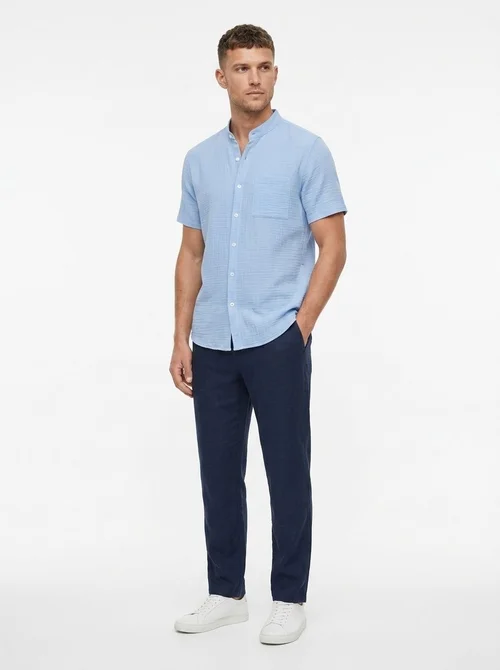 Men's Casual Blend Short Sleeve Band Collar Shirt