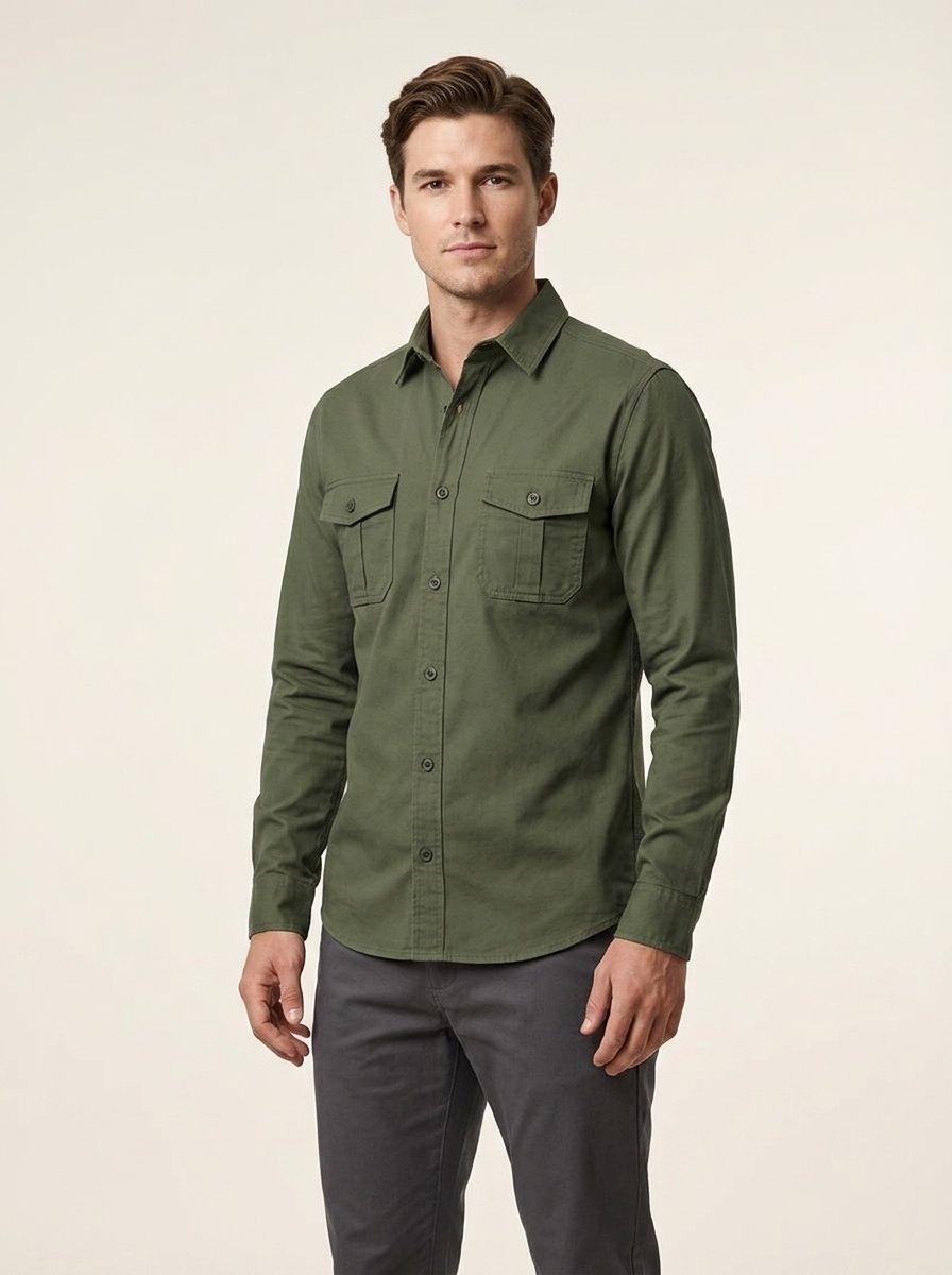 Men's Casual Long Sleeve Button-Up Shirt with Pockets
